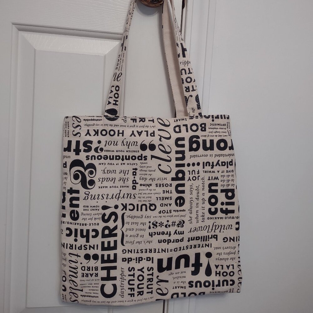 Kate Spade New York "What Do You Say" newsprint canvas tote bag EUC